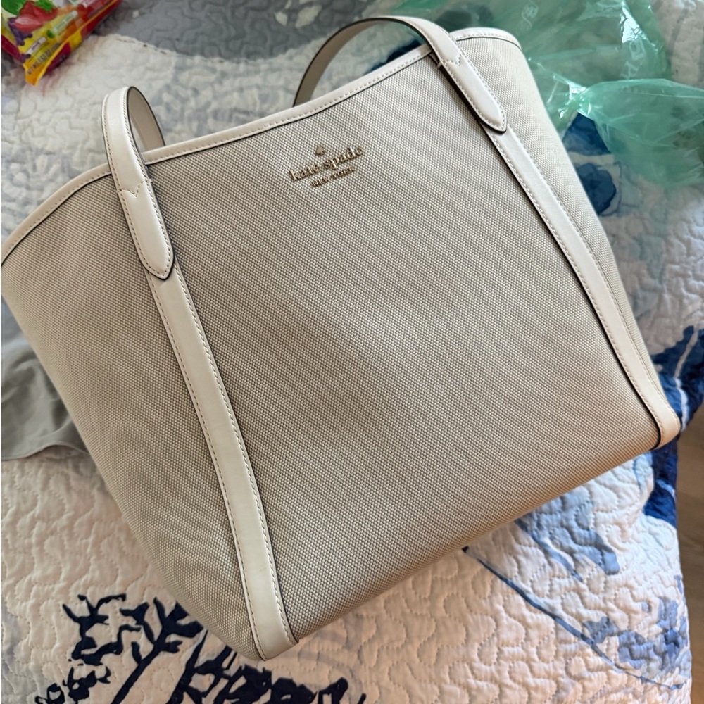 kate spade Ivory Canvas Tote with Leather Trim